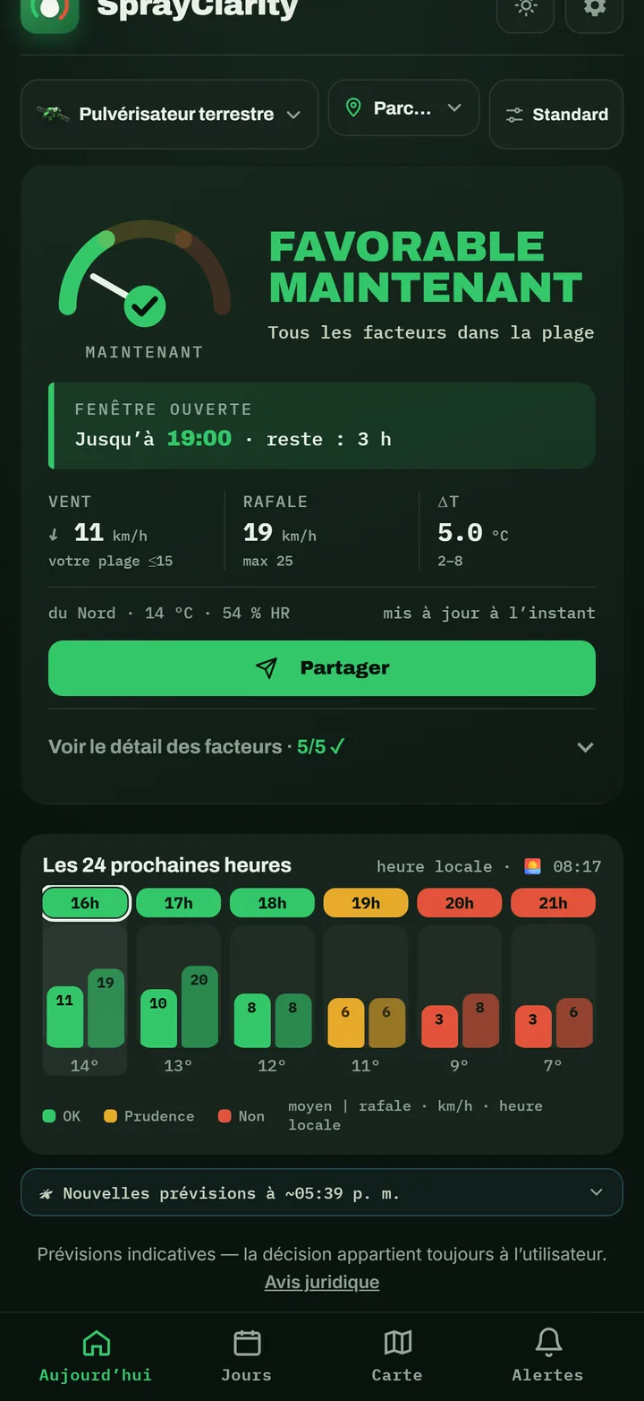 Écran Aujourd’hui de SprayClarity avec un pulvérisateur terrestre : favorable maintenant, fenêtre ouverte jusqu’à 19:00