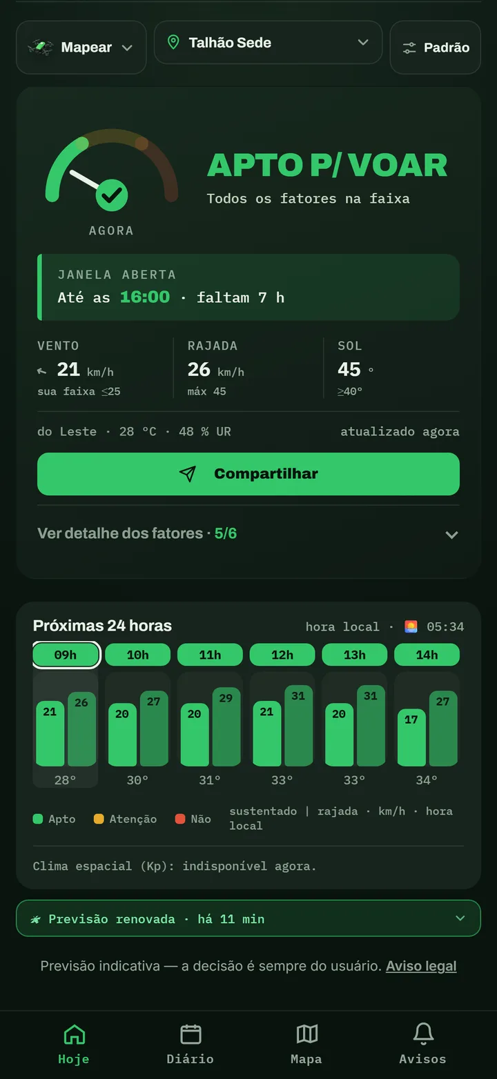 Tela Hoje do SprayClarity com drone de mapeamento: apto para voar, janela aberta até as 16:00