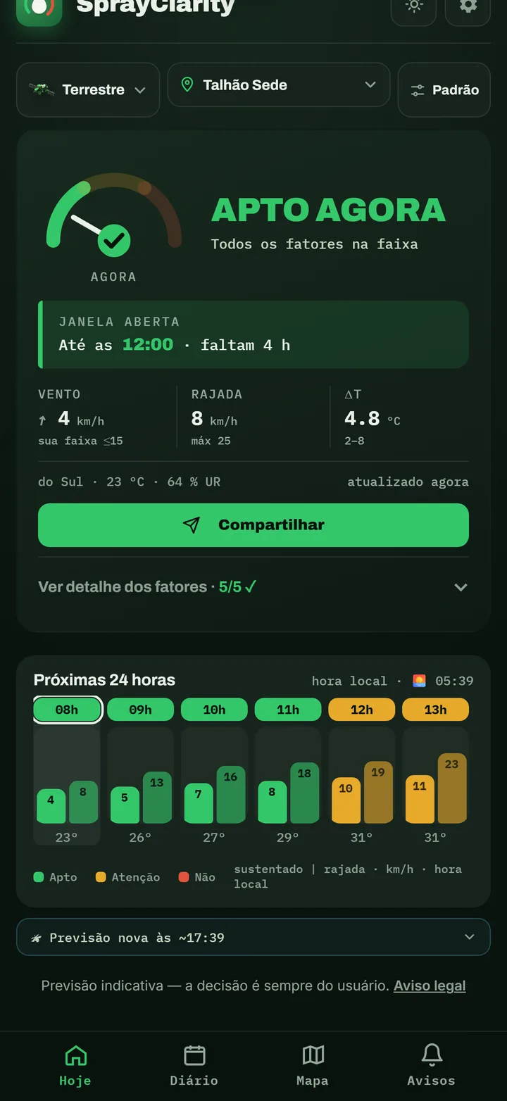 Tela Hoje do SprayClarity com pulverizador terrestre: apto agora, janela aberta até as 12:00