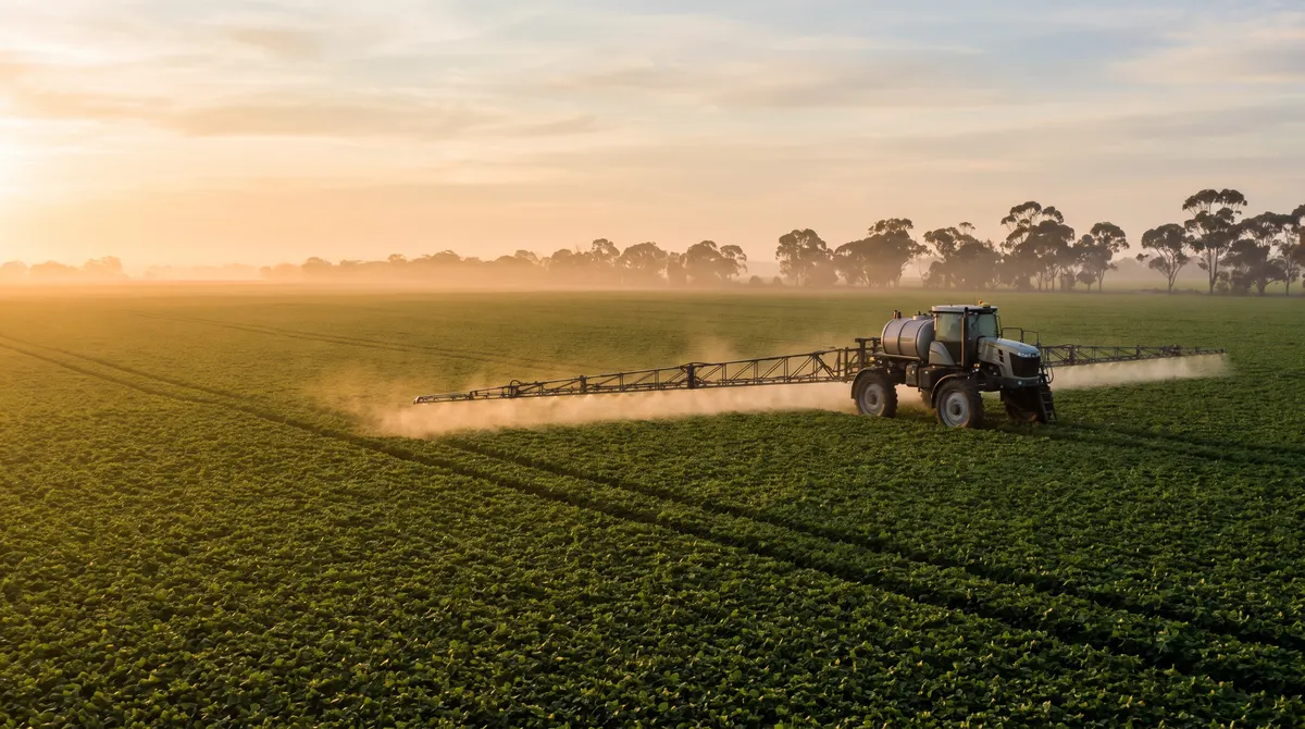 Self-propelled sprayer working over soybeans at sunrise